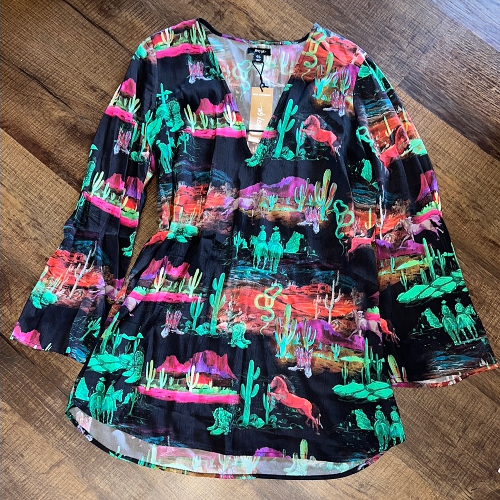 Nasty Gal Black Tunic Dress with Neon Green & Pink Desert Print
